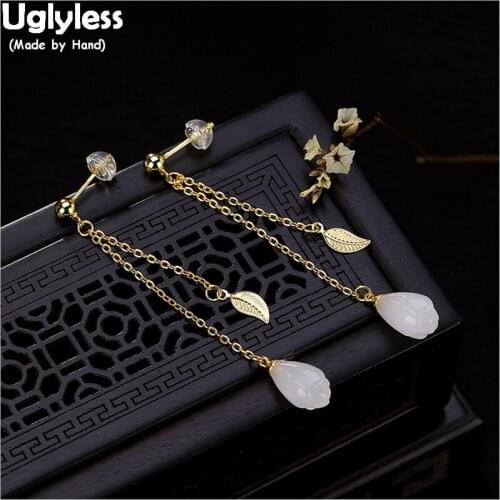 Uglyless Luxury Gold Plated Leaf Earrings for Women Fine Jewelry Natural Jade Magnolia Earrings Real 925 Sterling Silver Tassels