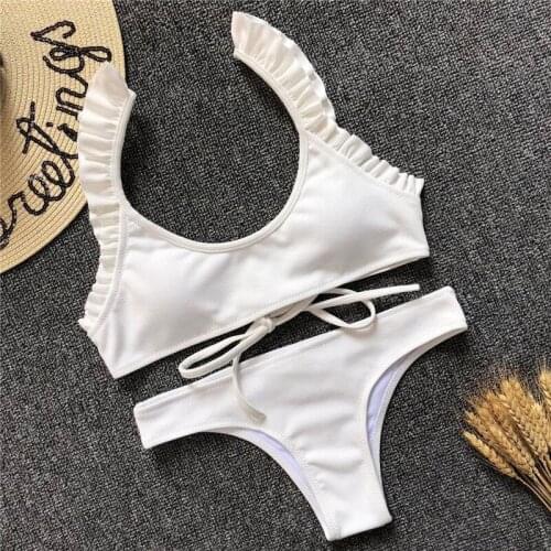 Summer Ruffles retro women solid white bikini set sexy 2018 Hot Padded swimsuits Brazilian female lady bandage bathing beachwear