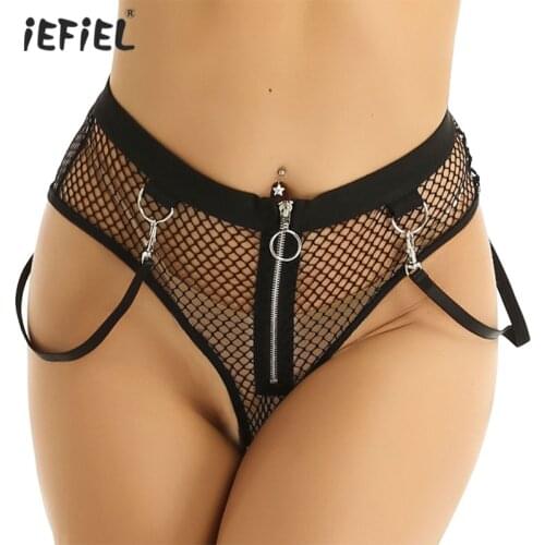 Women Hot See Through Sheer Fishnet Lingerie Briefs Sissy Panties Mid Rise Zippered Booty Shorts Sexy Rave Dance Night Clubwear