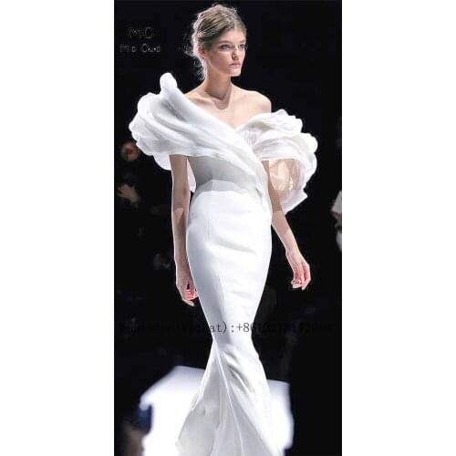 2021 Women Off the Shoulder Prom Dresses Puffy Short Sleeve Ruffles Open Back Pleat Mermaid Evening Prom Gown