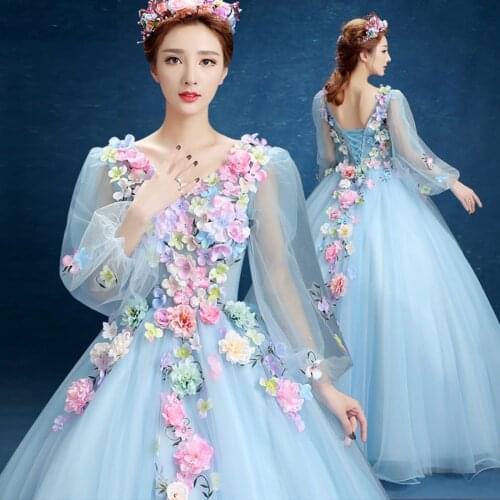 Summer Dress Women Chinese Sweets Puff Sleeve Dress Wedding Dress Blue Violet Long Color Yarn Host Evening Dress Oversized 2XL