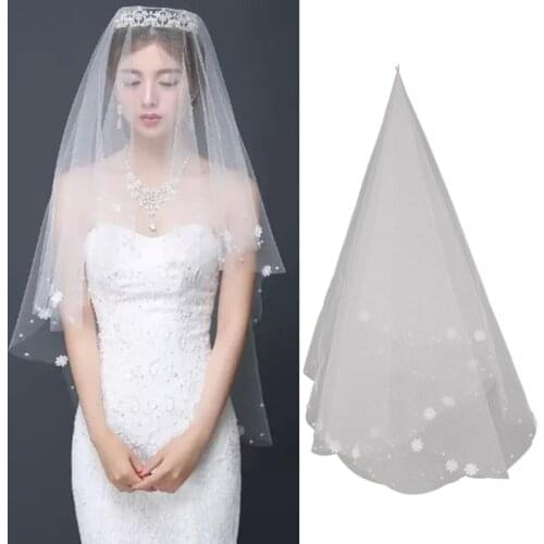 Women Wedding Dress Embroidered Flower Veil Layersf Tulle Rbbon Edge Bridal Veil