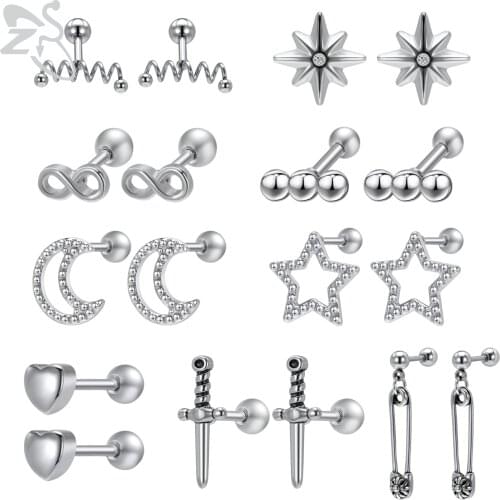 ZS 1 Pair 316L Stainless Steel Stud Earrings For Women Men Moon Heart Sword Pin Ear Studs Punk Rock Style Earrings Accessories