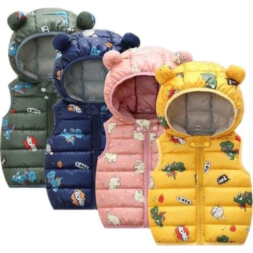 2020 Autumn Winter Baby Vest Hooded Cartoon Dinosaur Toddler Boy Girl Waistcost Kid Sleeveless Jacket Children Vest 0-5Y