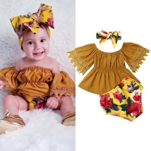 Newborn Baby Girl Toddler Infant Outfits 3Pcs Clothes Off shoulder Solid Tops Floarl Short Pant Headband 0-5TSwimsuit