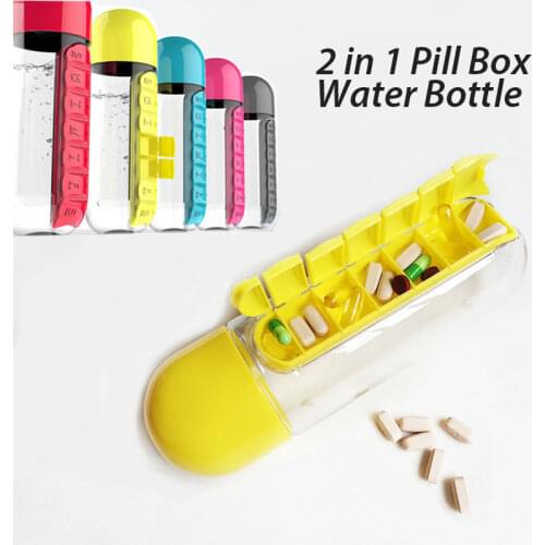 600ml 2 in 1 Pill Box Water Bottle Medicine Container Tablet Organizer With Drinking Bottle Portable Outdoor