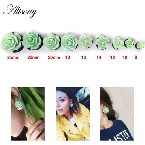 Alisouy 1 Pair Cute 3D Green Rose Flower Acrylic Ear Plug Tunnel Gauges Ear Expander Body Piercing Jewelry for Women lady