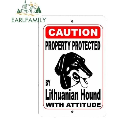 EARLFAMILY 13cm x 8.7cm Property Protected By Lithuanian Hound Dog Breed with Attitude Car Sticker Vinyl Window Car Bumper Decal