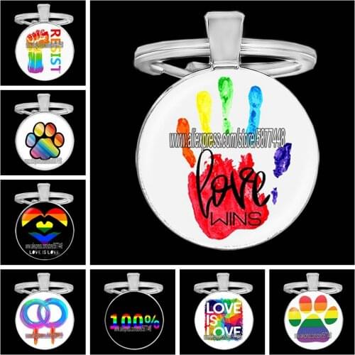 Gay Lesbian Pride Rainbow Glass Cabochon Keychain Car Key Chain Keyring Keychains LGBT Jewelry for Unisex