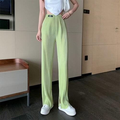European Summer New Labeled Letters High Waist Pants Pleated Split Draping Straight Pants Women Fashion Streetwear 2021