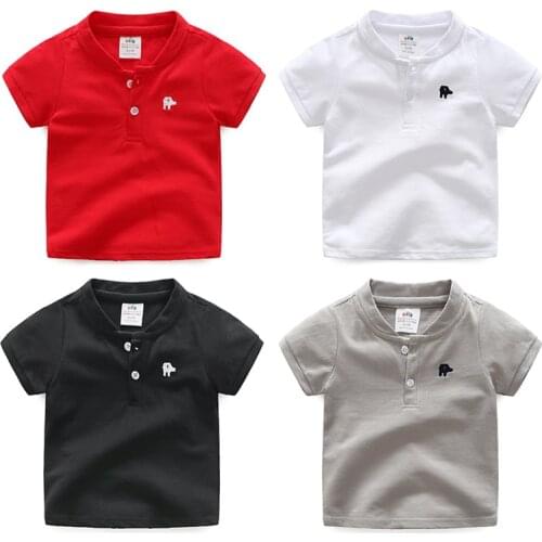 2021 Hot Summer Fashion Cotton Embroidery Short Sleeve Mandarin Collar Solid Color Handsome V-Neck T-Shirt For Baby Kids Boys