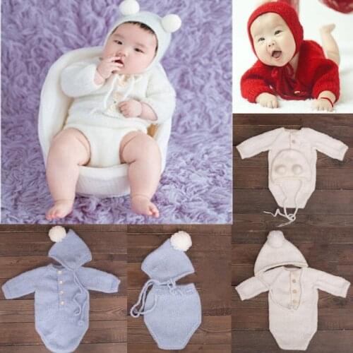 Crochet Mohair Baby Clothes With Hat Set Newborn Photography Props Baby Girls Boys Bonnet Romper Set DIY Photo Shooting