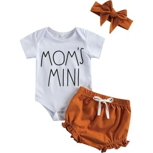 New Born Girl Short Sleeve Set Letter Print Top Solid Color Short Pants and Hairband 3-piece Suit