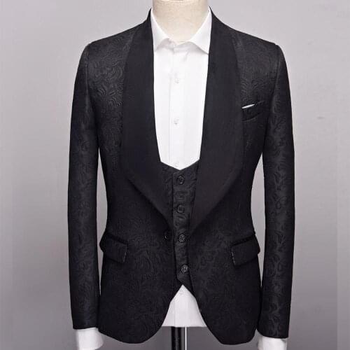 Men Suits Black Pattern Groom Tuxedos Shawl Satin Lapel Groomsmen Wedding Best Man ( Jacket+Pants+Vest+Tie ) C724