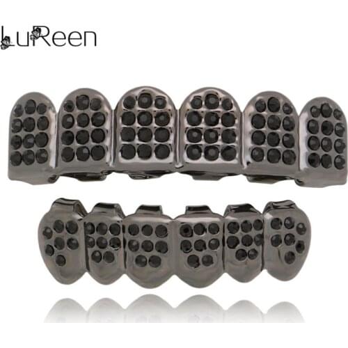 LuReen Fashion Black Crystal Grillz Top Bottom For Men Women Dental Grills Set Tooth Caps Punk Jewelry Gift