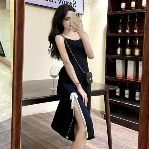 Summer Woman Midi Dress for Ladies Korean Fashion Simplee Casual Clothes Solid Black Sleeveless Slip Sling Sexy Slit Dresses