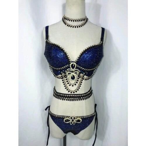 Sexy Crystals Sparkling Bikini Womens Bra Short Costume Shinin Rhinestones Clothing Set Two Pieces Dj Female Singer Dance Wear