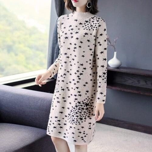 Sexy Autumn Winter Knitting Sweater Dress Women Turtleneck Sexy Dresses Female Long Sleeve Dress Fashion Stars Printing Vestidos