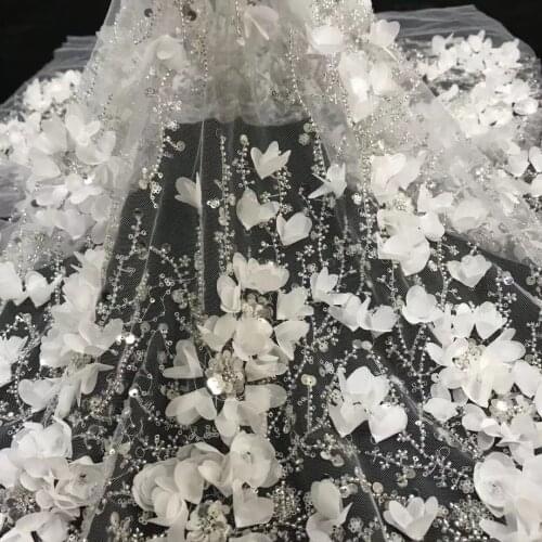 5yards/pc) High grade 3D flowers wedding tulle lace with tube beads sequins embroidery white African French net lace FAX024