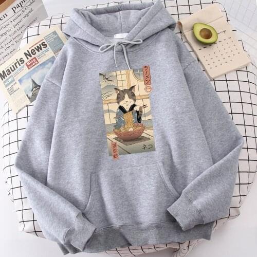 Neko Ramen Ukiyo E Funny Print Sweatshirt Men Loose Harajuku Hoodies Casual Fleece Hooded Autumn 2020 Hip Hop Male Streetwear