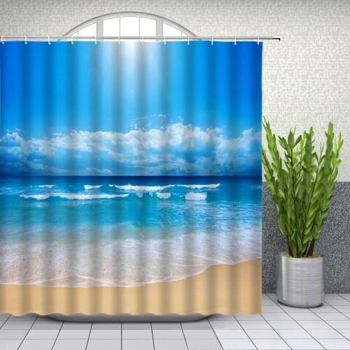 Ocean Beach Shower Curtain Seaside Scenery Blue Sky Sea Wave Bathroom Decor Waterproof Polyester Home Bath Cloth Curtain Set