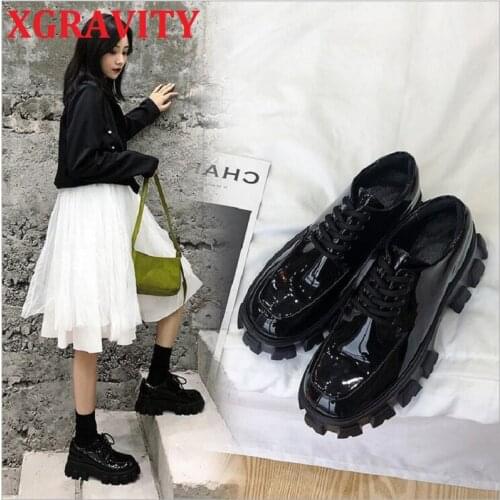 XGRAVITY New Autumn European Leather Shoes Elegant High Heel Platform Pumps Lace UP Women Fashion High Heels Patent Leather Shoe