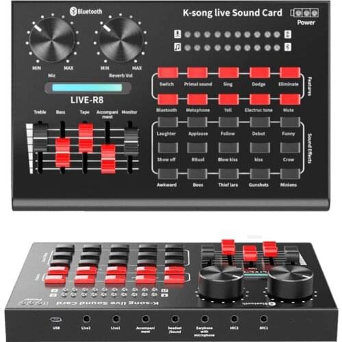 All-in-on R8 Sound Card Microphone Mixer Audio Interface Condenser Microphone for Phone PC Computer Karaoke Mixing Console
