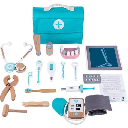 18Pcs Children Wooden Pretend Dentist Toolbox Doctor Medical Playset with Stethoscope