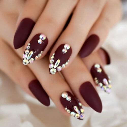 3D Shinning Rhinestones Matte Burgundy Stiletto Fake Nails Oval Almond Pointed Frosted Press on Designs False Wear Nail