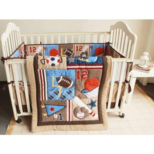 7PCS cotton Embroidery crib bumper baby cot sets baby bed bumper cartoon design kit de berço (bumper+duvet+bed cover+bed skirt)