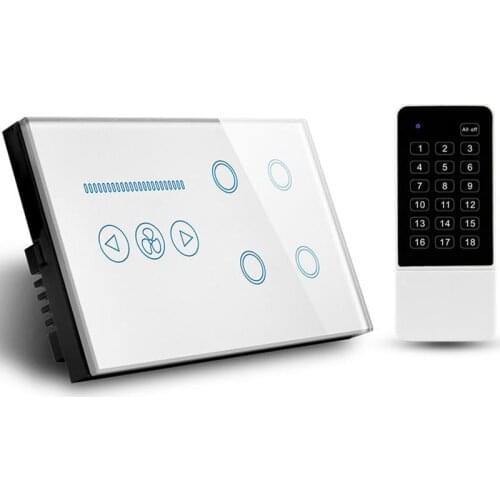 UK 4 gang Wireless Smart switch + Ceiling Fan Switch with remote control White/Black Crystal Glass Panel AC110-240V