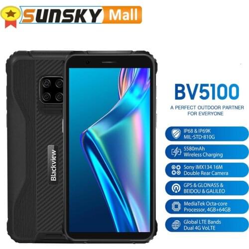 Blackview BV5100 Phone 4GB 64GB Waterproof Fingerprint ID 5580mAh 5.7" Android 10.0 Octa Core OTG NFC 4G Wireless Charging