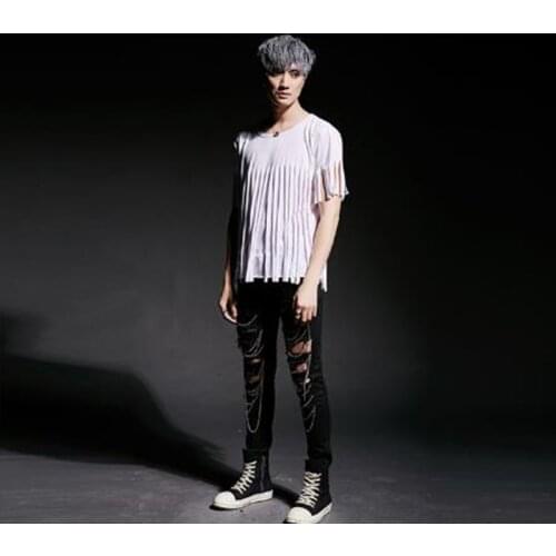 Men hem tassel design punk rock hip hop t shirt nightclub stage costume men harajuku DJ singer slim fit tees tops gothic clothes