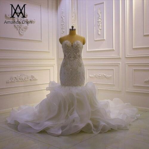 Robe mariée Strapless Lace Appliques Ruffles Mermaid Africa Bride Wedding Dress