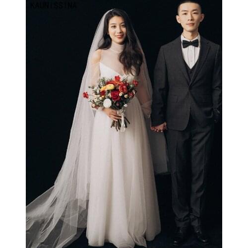 KAUNISSINA Boho A-Line Wedding Dresses High Neck Long Sleeves Simple Bridal Gowns Long Tulle Sexy White Bride Marriage Dress