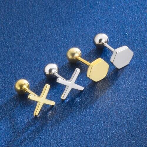 MLKENLY 100% 925 sterling silver geometric round cross earrings fashion simple earrings screw women small jewelry wholesale