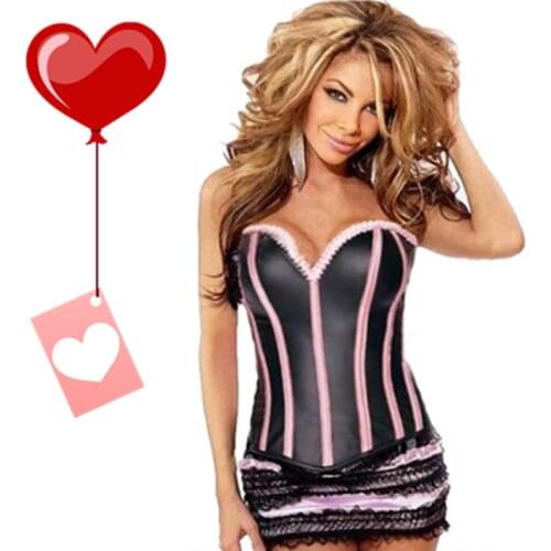 Fancy Women Pink Stripe Sexy Corsets Ruffle Front Satin Bustier Corset Tops Sexy Lingerie Tight Overbust Corsets With Skirt