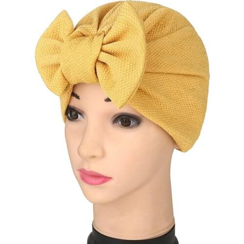 Fashion Women Solid Muslim Turban Indian Cap Bowknot Elastic Beanies Hat Bonnet Headwrap