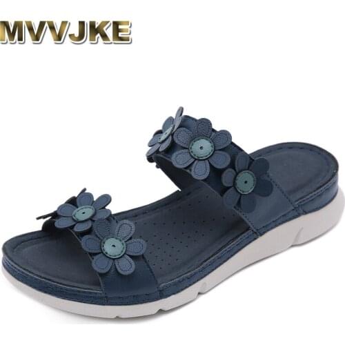 MVVJKE Women Summer Beach Flats Sandals Shoes Woman PU Leather Gladiator Plus Size Slip On Flower Sandalias mujer sapato feminio