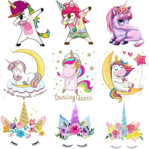 Funny Animal Thermo Stickers On Clothes Cartoon Unicorn Heat Transfers Patches For Kids Clothing Tshirt Stripes Appliques Patch