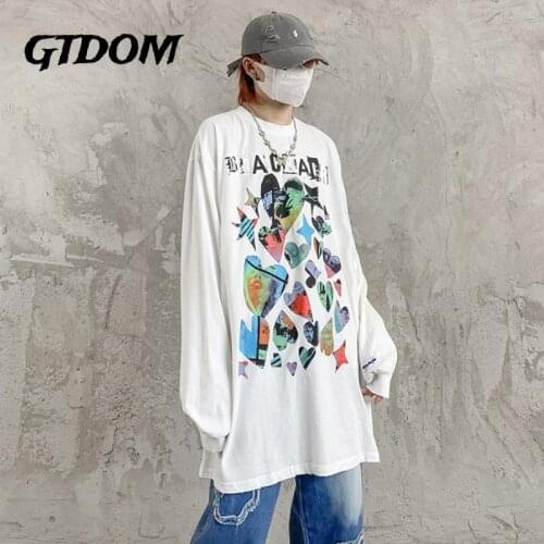 GTDOM Couple Autumn 2021 New Long Sleeve T-shirts Cotton Hip Hop Street Style Heart Print O-Neck Loose Comfortable T-shirt