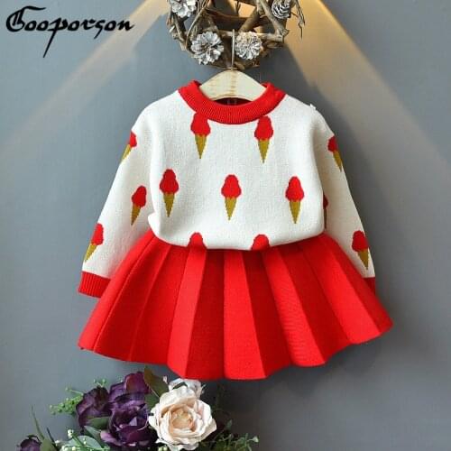 2019 autumn new Korean girls' knitting suit sweater female cartoon childrens T-shirt short skirt two piece set