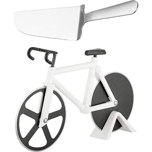 Bike Pizza Cutter with Stand and a Pizza Shovel Dual Sharp Wheel Non-Stick Coating Stainless Steel Blades Decoration Ornament