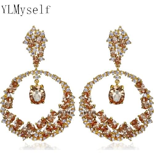 Very Luxury Workmanship Jewelry Gold color With Purple Red Champagne Zirconia Big Round Dangle Pendant Attractive Women earrings