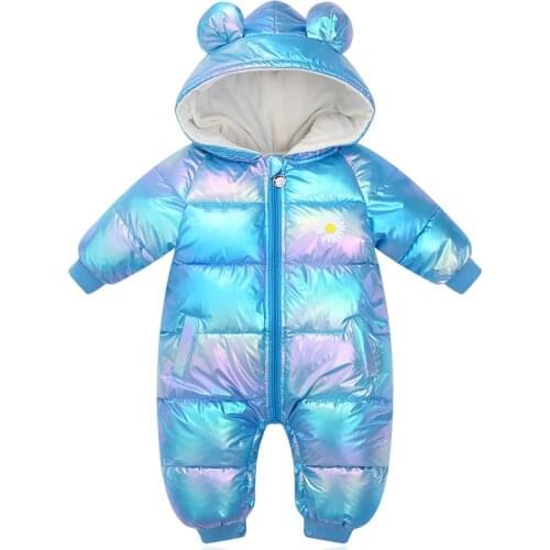 OLEKID 2020 Plus Velvet Shiny Baby Winter Rompers Cartoon Hooded Waterproof Newborn Baby Girls Snowsuit Toddler Boys Jumpsuits