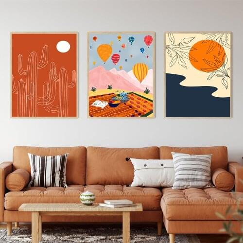 Orange Sunset Poster Hot Air Balloon Turkey Print for Living Room Cactus Desert Picture Home Decoration Wall Art Canvas Painting