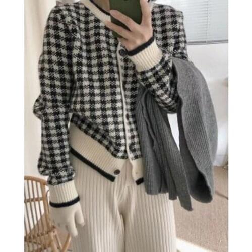 ZAWFL Autumn O-Neck Color Block Argyle Sweater Cardigan Single Breasted Women Fall Black White Vintage Outerwear Women Tops