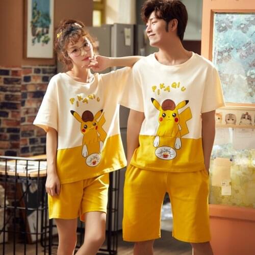 Pikachu Pokemon Summer Couple Pajama Sets For Women Men Casual Cotton O-Neck Short Sleeve Short Pants Home Suit Pyjamas 2 Pieces