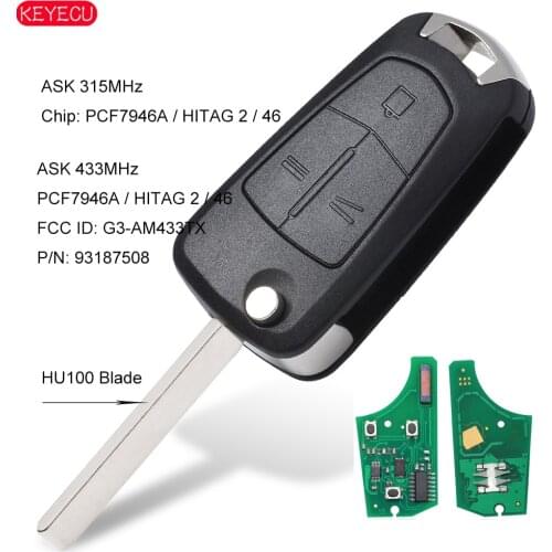 KEYECU ASK 315MHz/433MHz PCF7946 Flip 3 Buttons Remote Key Fob for Vauxhall/Opel Vectra C,Signum 2003-2007 HU100