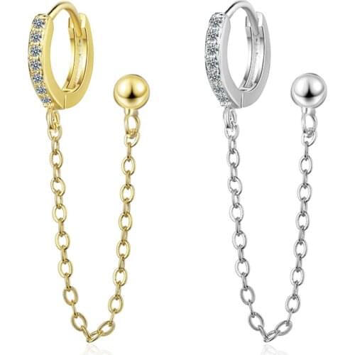 New Fashion Two Ear Hole Piercing Hoop Earrings Chain Tassel Crystal Hoop Stud Shiny Bohemia Trendy Earring Jewelry For Girls